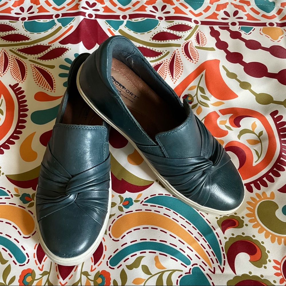 Rockport Willa Bow Ruched Teal Leather Slip On 7.5